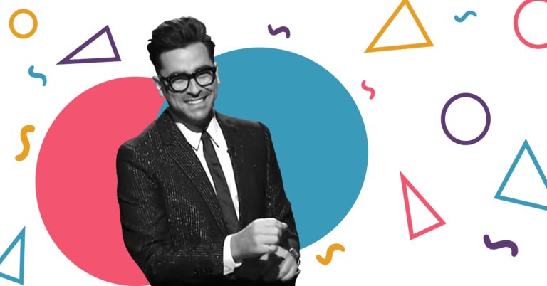 Banner image of Dan Levy smiling with shapes behind him