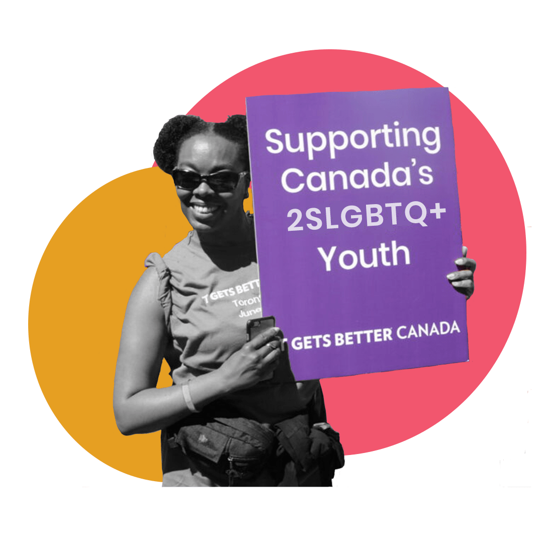 Image of a person holding a sign that says, "Supporting Canada's 2SLGBTQ+ Youth. It Gets Better Canada"