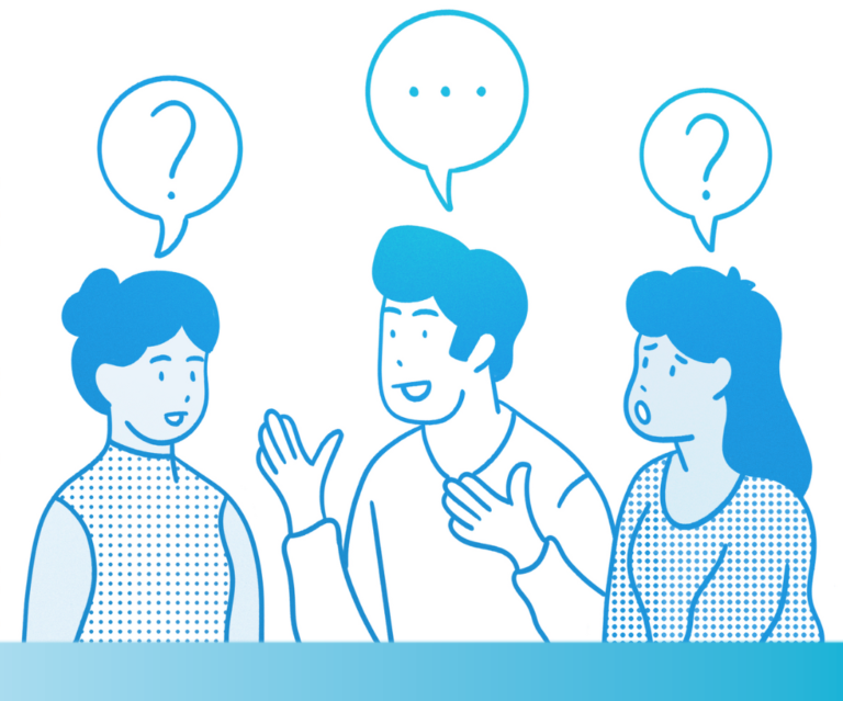 An illustration of three people speaking with each other with speech bubbles above their heads.