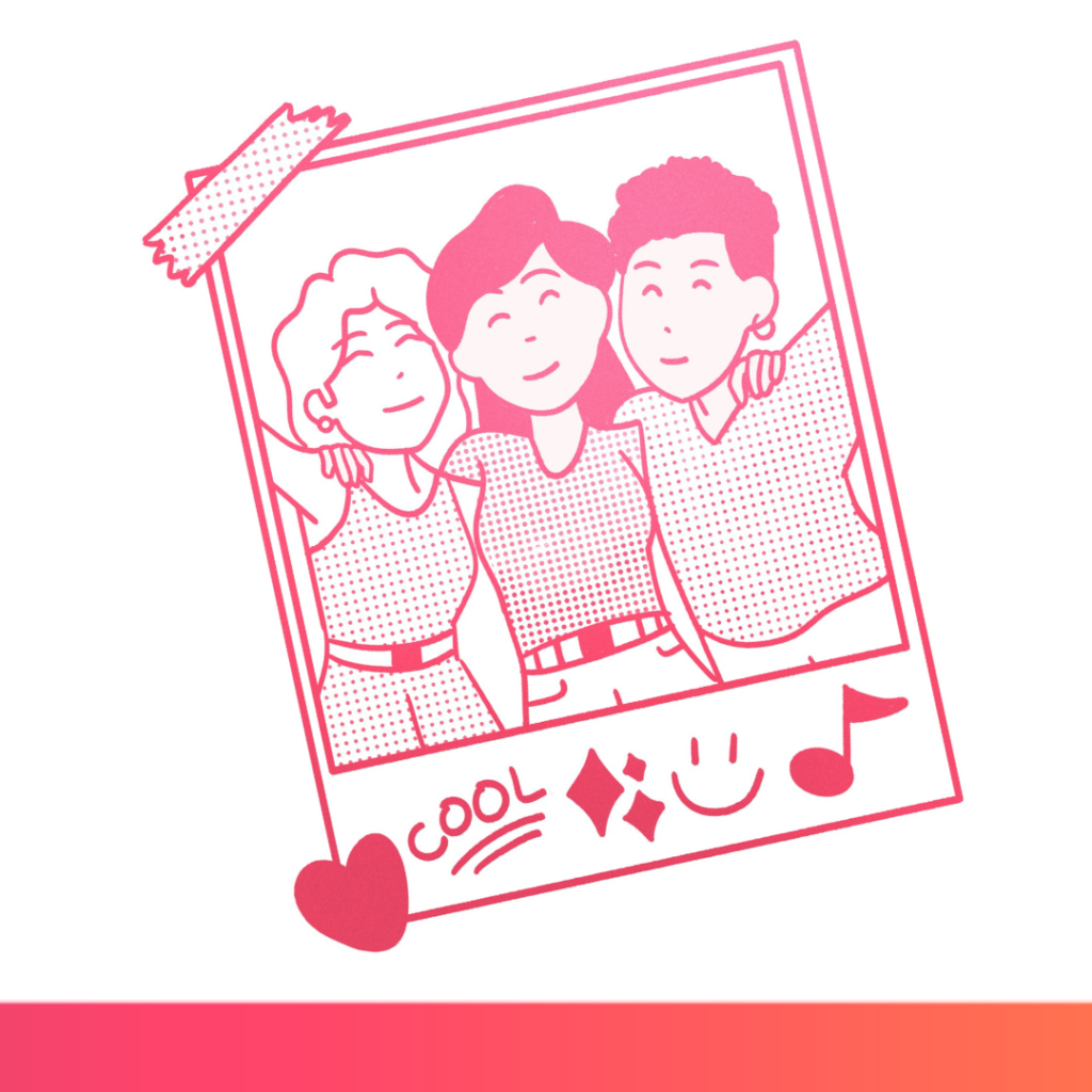 An illustration of a Polaroid picture containing 3 friends