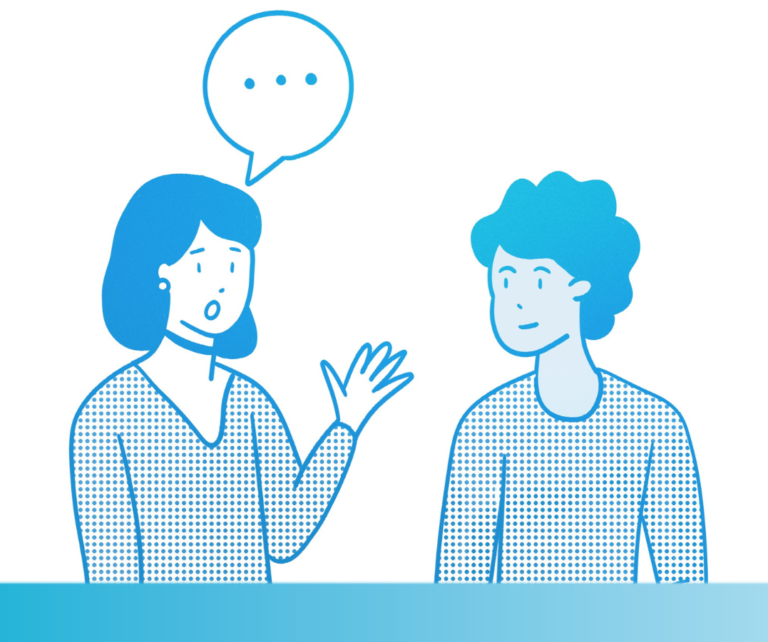 An illustration of two people speaking to each other with blank speech bubbles