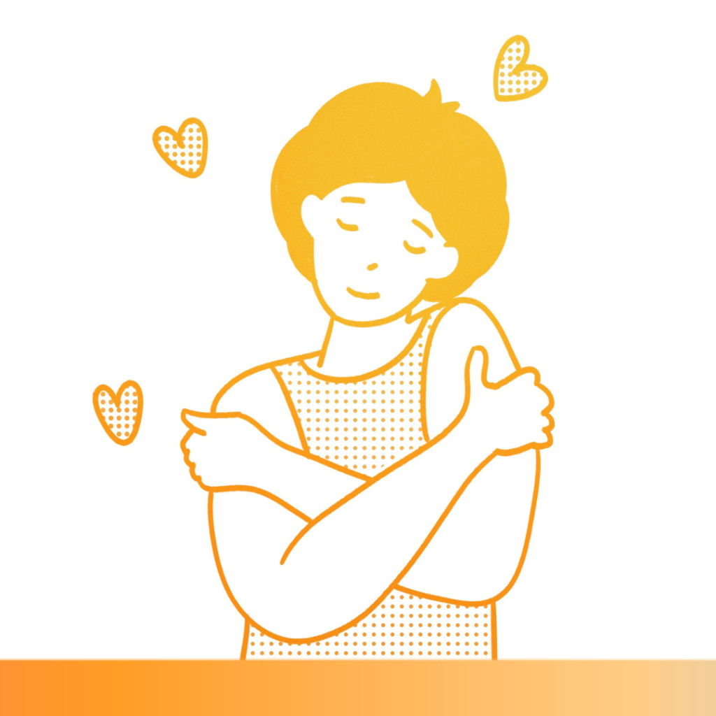An illustration of a person hugging themselves surrounded by hearts