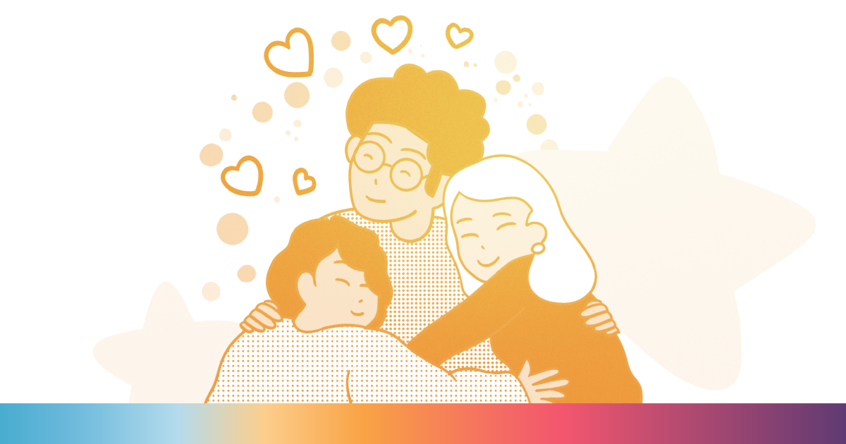 An illustration of a parental figure hugging two younger people