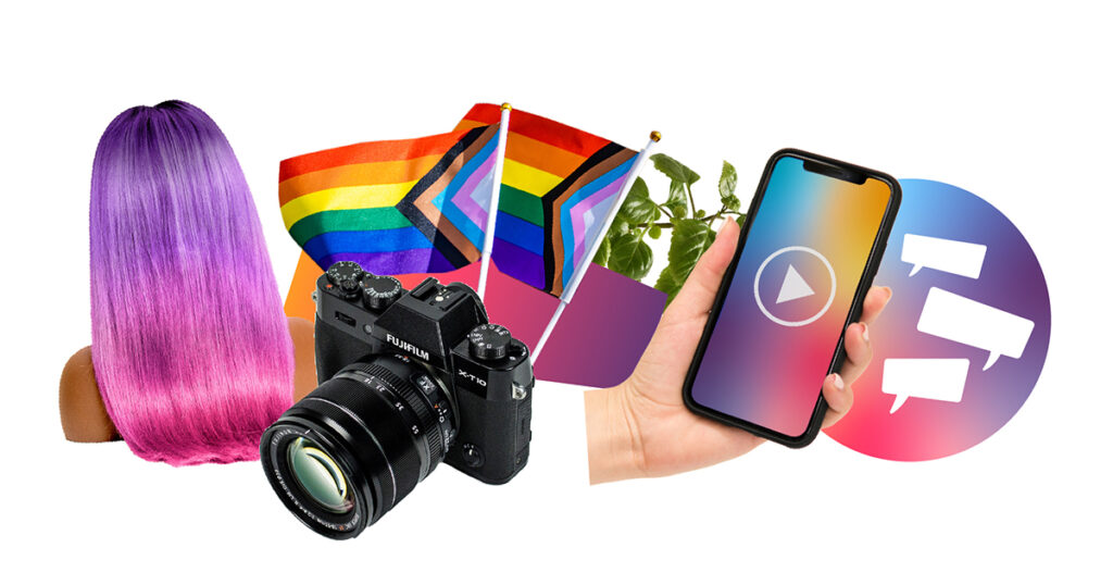 A collage of images such as: a wig, a camera, pride flags, a hand holding a phone