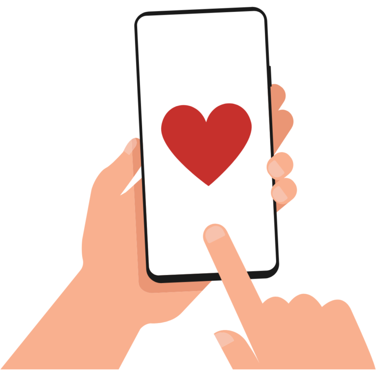 An illustration of hands holding a phone with a heart on the screen.