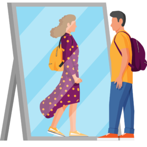 An illustration of a masculine person standing in front of a mirror facing the reflection of a feminine person in a dress.