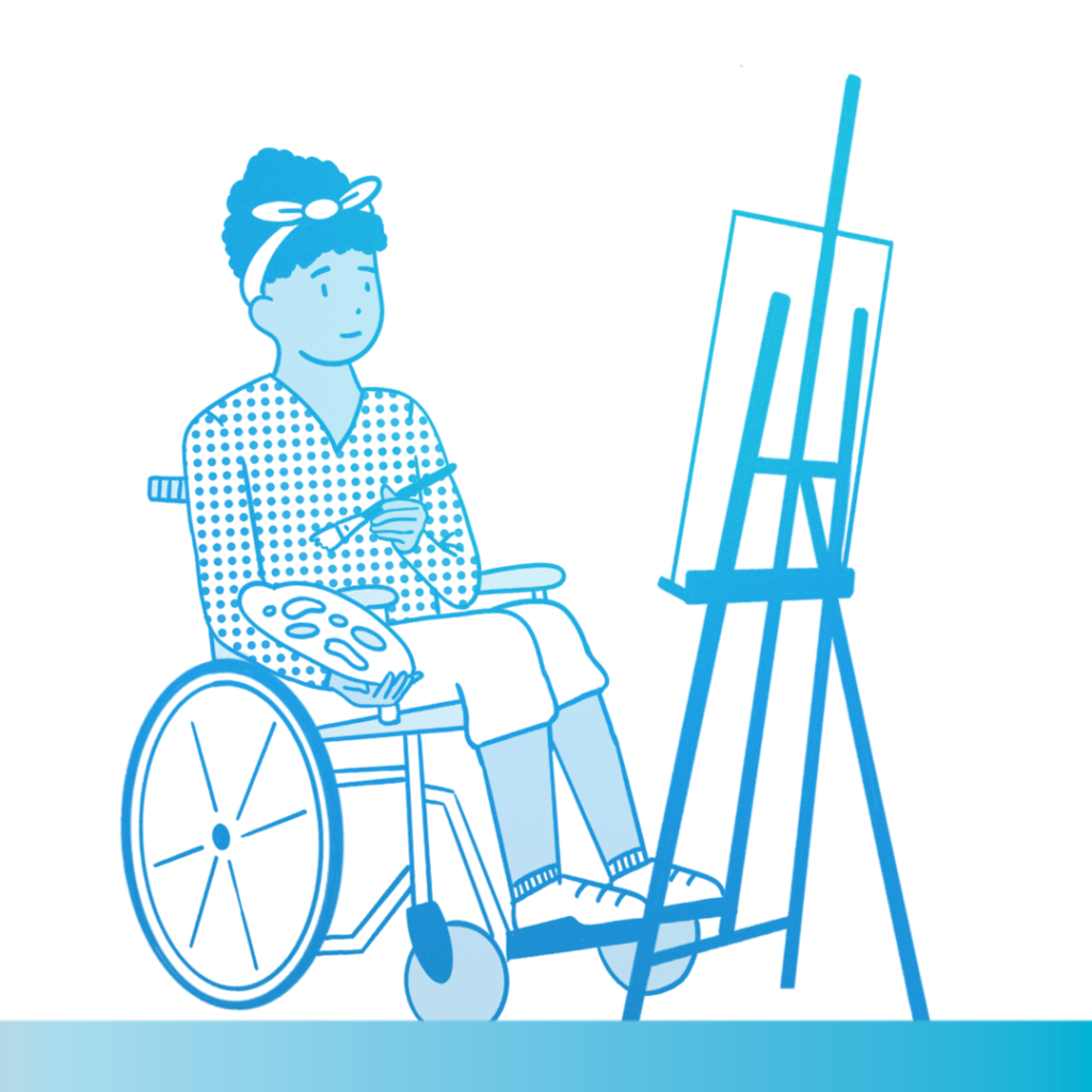 An illustration of a person in a wheelchair in front of a canvas painting