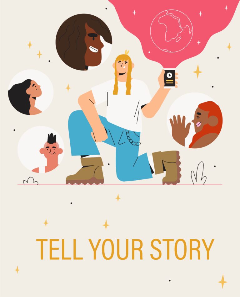 Text: Tell Your Story. Illustration of person kneeling holding phone with people's faces around them.