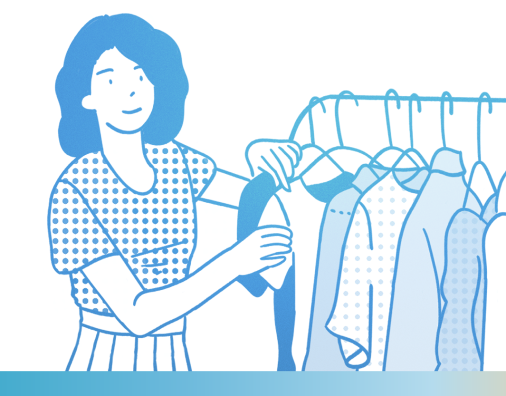 An illustration of a person looking through clothes on a clothing rack