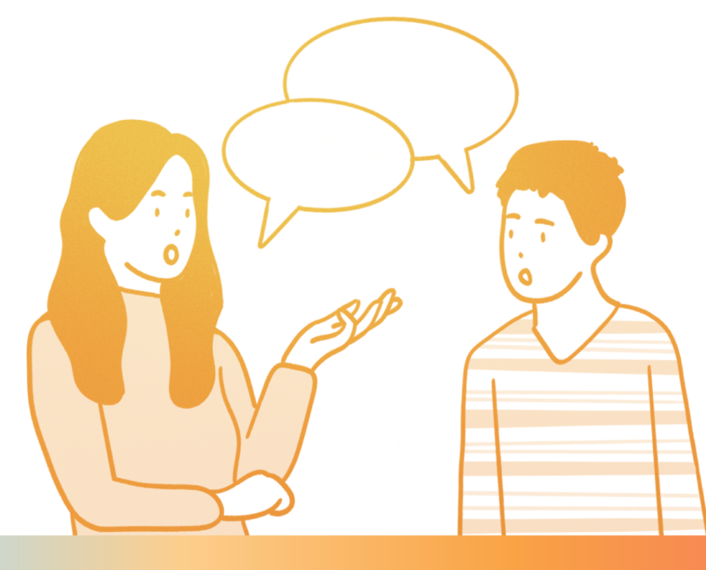 An illustration of a person iwth long hair speaking to a person with short hair with black speech bubbles above their head