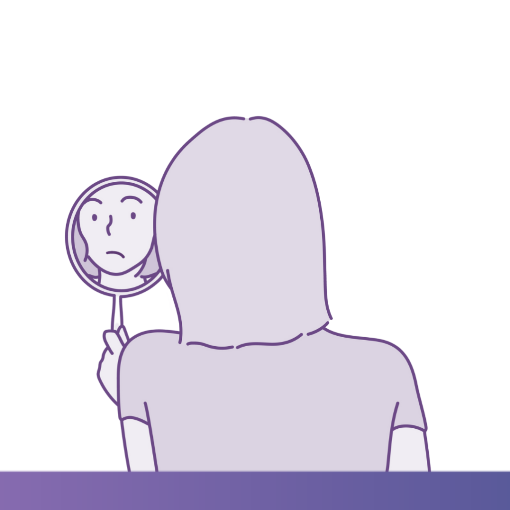 An illustration of a person looking in the mirror unhappy