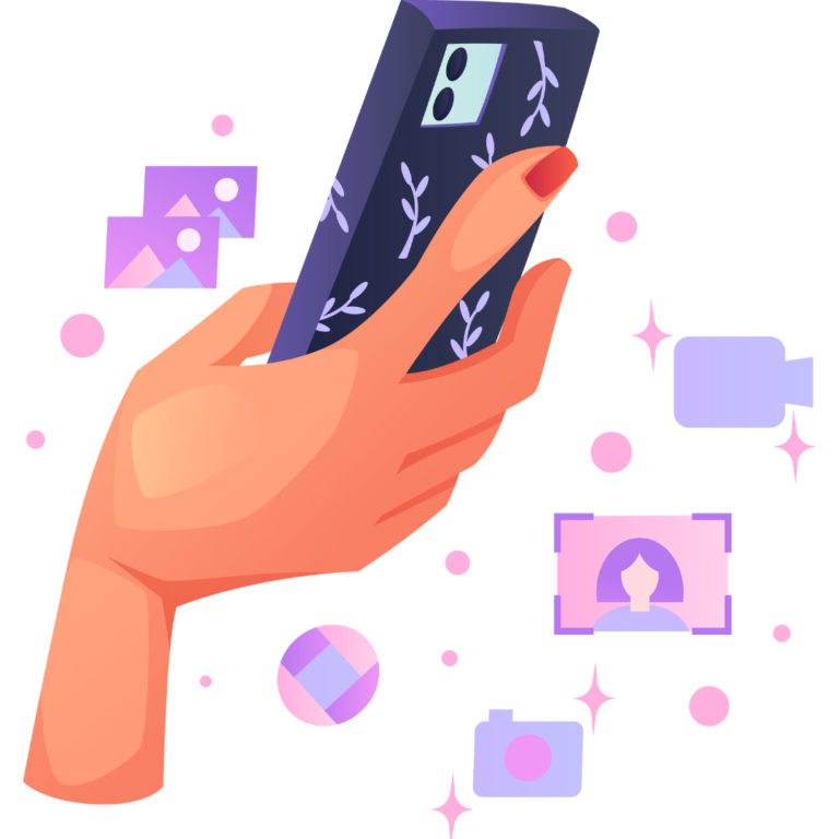 An illustration of a hand holding a phone with graphics of blank images surrounding it.