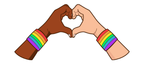 two hands with pride wristbands making a heart