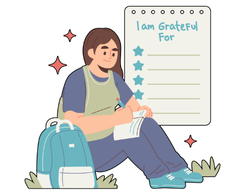 Pictured is a graphic of a young person journaling. Behind them is a notebook page with test reading " i am grateful for"