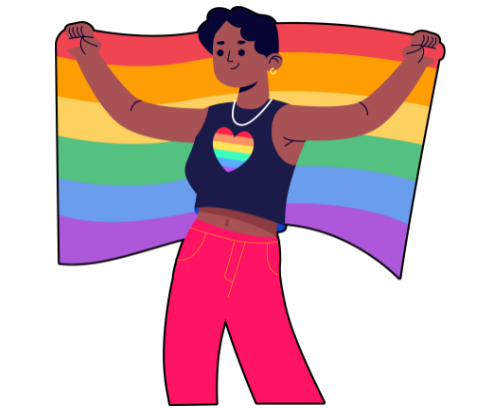 Pictured is an illustration of a 2SLGBTQ+ youth holding a pride flag proudly