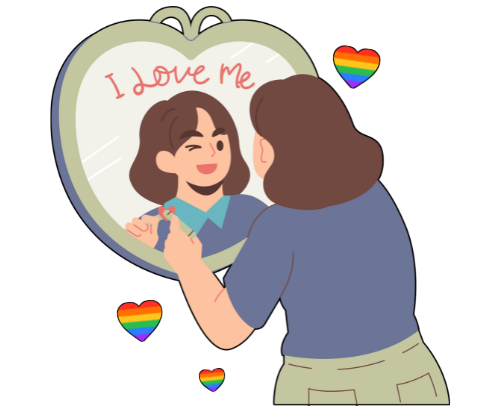 Pictured is a person looking into a mirror with text on the mirror reading "i love me".