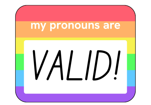 Pictured is an illustration of a rainbow name tag with text reading " my pronouns are valid