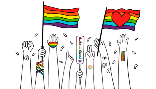 Pictured is an illustration of hands holding pride flags and celebrating
