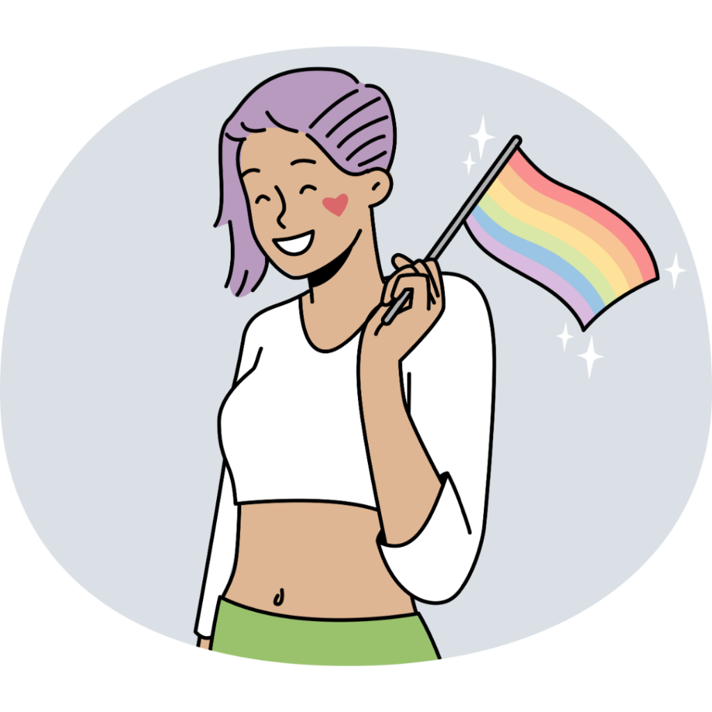 Pictured is an illustration of a person holding a pride flag shyly. They have short purple hair and are wearing a white crop top and green pants.