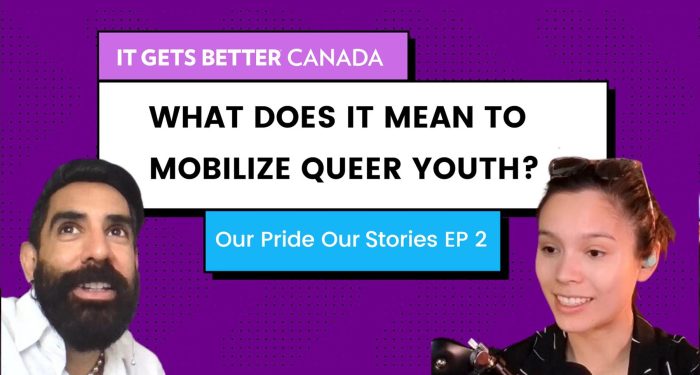 It Gets Better Canada log. Text: What does it mean to mobilize queer youth? Our Pride Our Futures Episode 2